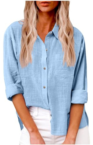 HAOLEI Chemise Femme Coton Et Lin Chemisier Col en V Bouton Manches Longues Tops Couleur Unie LâChe Respirant T-Shirts Grande Taille Pas Cher Casual Coton Lin Tunique Blouse avec Poche