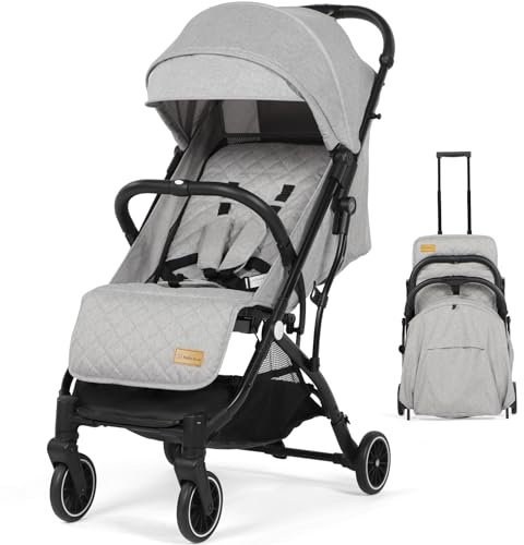 Baby Stroller Pushchair, One-Hand Foldable Compact Travel Stroller Buggy with Rain Cover&Mosquito Net, Lightweight Baby Pram with 5-Point Harness, Adjustable Seat and Large Basket, 0-15KG, Light Grey