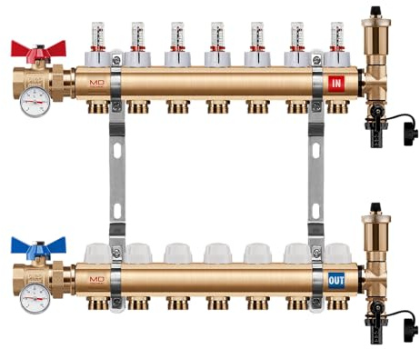 MD Technic Heizkreisverteiler Messing 7 Heizkreise Kugelhahn Gerade | Durchflussmesser, Handventilen, Montage/Wandhalterungen, Endset zum Befüllen, Auto. Schnellentlüftern, von 2 - 16 Heizkreisen