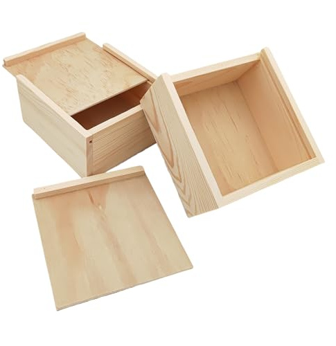Anktily 2er-Pack Unlackierte Holz-Aufbewahrungsbox mit Schiebedeckel, Leere Naturholz-Box Aufbewahrungsbehälter für Schmuck, DIY Kunst & Handwerk (12x12x6cm)