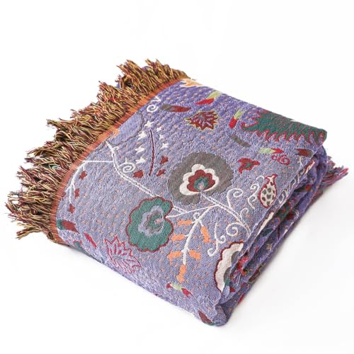 Wotcsil Tagesdecke Boho Baumwolle Kuscheldecke Wohndecke mit Blumenmuster | Sofadecke Bettüberwurf Leichter Sofaüberwurf mit Quasten für Bett Couch, Lila, 200x230cm