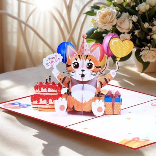Pop Up Geburtstagskarte,3D Katze Karte,Geburtstagskarte für Kinder