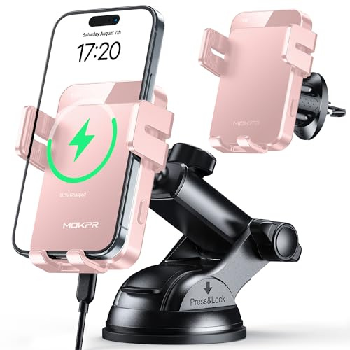 MOKPR Car Phone Holder Wireless Charger, 15W Wireless Car Charger | Auto Clamping Car Phone Holder for Air Vent/Dash/Windshield for iPhone 17/16/15/14/13/12&Samsung S26/S25/S24/S23/S22 (Pink)