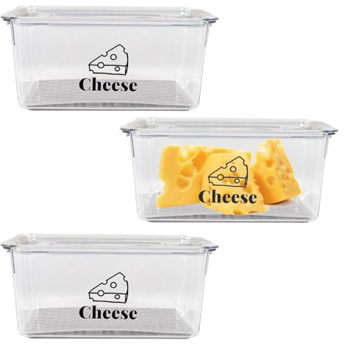 Set di 3 Scatole per Formaggi da Frigo, Scatole Trasparenti Impilabili con Coperchio Ermetico e Strato Drenante, Senza BPA, Ideale per la Conservazione di Formaggi, Carne, Frutta, Verdura e Snack
