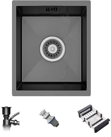 Fregadero Cocina 35 x 50 cm, Fregadero Negro Bajo Encimera, Acero Inoxidable, Con Accesorios de Drenaje y Escurreplatos, Ideal Para Cocinas Pequeñas, Bares o Lavaderos (35x50cm)