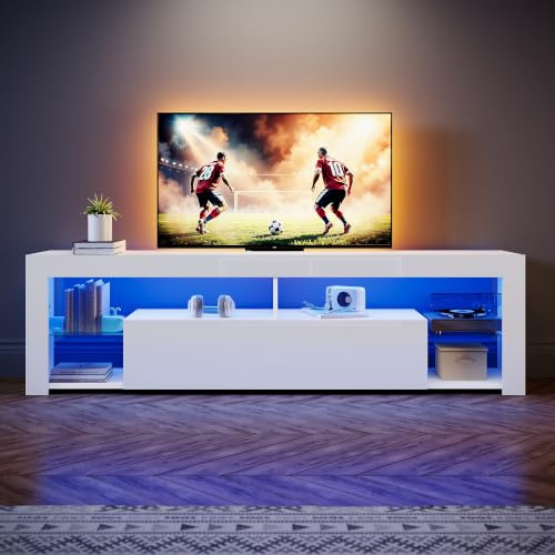 SONNI Meuble TV moderne de 180 cm, blanc brillant avec éclairage LED, tiroir, étagères en verre ouvertes, pour TV jusqu'à 65 salon et chambre à coucher, 180 x 35 x 50,5 cm