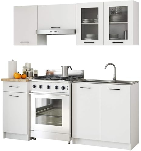 AKORD Küchenmöbel-Set OLIWIA 1.8m Modulares 180 cm 7 Türen 1 Schublade 8 Regalböden, Küche Komplett, Kitchen Cabinet Set, Küchenschränke, Standschränke, B180xH203xT46 cm, Weiß & Weiß