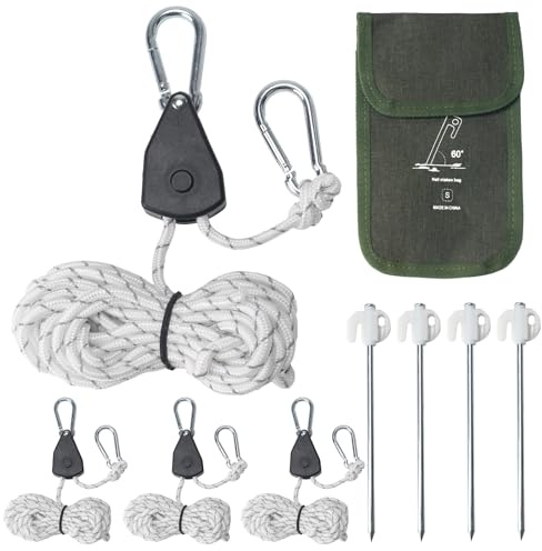 NAHUAA 4 Piezas Cuerdas Reflectantes 4mm x 4m Trinquete de Cuerda de Nailon de Tienda Tensor Cuerdas Camping Nylon Paracord Cuerda de Camping con Polea para Tipo Tienda de Campaña, Toldos, Blanco
