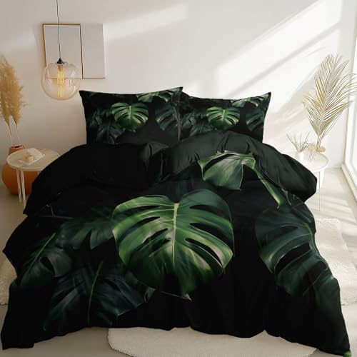 3-teiliges Bettwäsche Set 155 x 220 cm Weicher Mikrofaser Bettbezug mit Pflanzen Monstera Muster, Reißverschluss & Eckbändern für Jungen & Teenager, Dunkelgrün