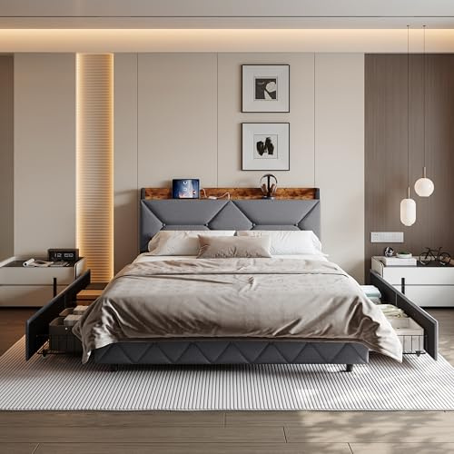 MOTUZP Gepolstertes Bett, 160 x 200 cm, Doppelbett, herausnehmbarer Stauraum im Kopfteil, Bettgestell aus Stahl und Holz mit 4 Schubladen (Grau-E)