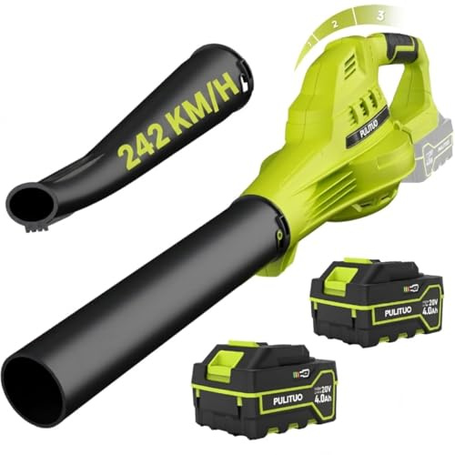 PULITUO Souffleur de feuilles sans fil avec 2 batteries de 4000 mAh, 20 V léger, 242 km/h, 3 vitesses, 2 tubes, souffleur de jardin compact pour feuilles et débris de poussière