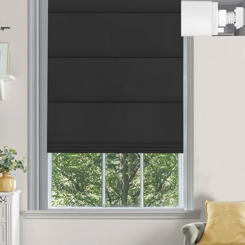 Changshade No Drill Roman Shades for Windows,Cordless Roman Blinds No Tools,Custom Size Blackout Pull Down Blinds, Easy Install Modern Fabric Window Shade for Home Office Black