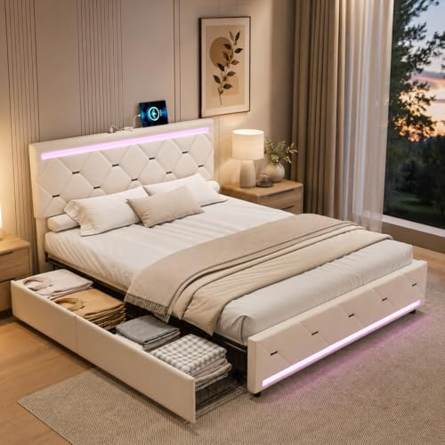 DAHUEN Stauraumbett 140x200 cm mit 4 Schubladen, Polsterbett mit LED-Beleuchtung und USB-Anschluss, Doppelbett mit Lattenrost, Samt Cremefarben