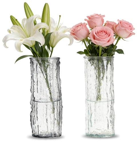 Vases, Set of 2 Glass Flower Vase, Clear Glacier Stripe Glass Vase Flower Arrangement Ornaments, for Centerpieces Living Room、Entryway、Mantle、Wedding、Office、Table Centerpieces Decor