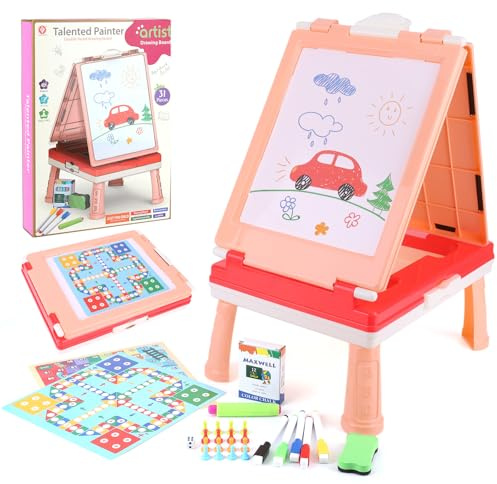 4-in-1 Double Sided Kids Art Easel – Foldable Toddler Easel with Chalkboard & Magnetic Whiteboard, Detachable Drawing Board, Educational Toy for Boys & Girls, Educational Toy