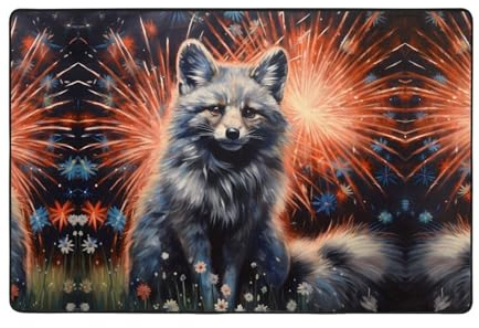 WZYWHJ Tapis de sol antidérapant imprimé renard argenté sous feux d'artifice 91,4 x 61 cm pour salon, bureau, table basse, lit, balcon