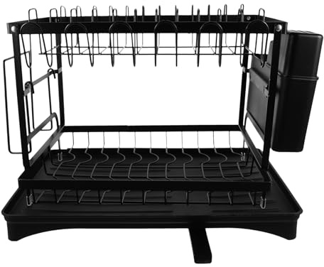 TOYZFRIENDY Égouttoir Vaisselle Multifonction avec Porte-Assiettes Support Planche à Découper et Porte-Couverts Espace Optimisé pour Cuisine Noir Rack Égouttoir Compact pour Comptoir