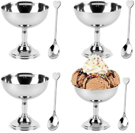 Hapivida 4 Stück Eisbecher Edelstahl Ø 11 cm Dessertschale Cocktail Gläser Dessertschale mit Fuß, Ice Cream Sundae Dessertgläser für Obst Salat Joghurt und Fruchtpudding, für Hochzeiten, Partys