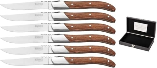 Blackwell Laguiole Lot de 6 couteaux à steak - Manche en bois de rose - Lame lisse en acier inoxydable - 22,5 cm - Avec boîte cadeau