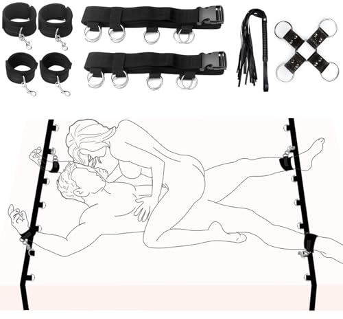 Bettfesseln Set Bondageset Fesseln für Paare Extrem Sex Bondage Set Fesselset BDSM Kit mit verstellbaren Handschellen Fußfesseln Augenbinde Peitsche Kreuz Sexspielzeug für Männer und Frauen Sexspiel