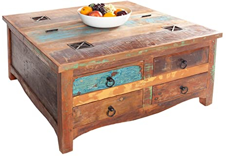 invicta INTERIOR Massiver Couchtisch Jakarta 70cm bunt Truhe aus recycelten Fischerbooten Holz mit Schubladen Wohnzimmertisch Truhentisch Holztisch Holztruhe