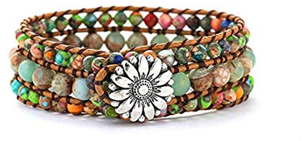 YGLINE Boho Handmade Natural Stone Bead 3 Row Wide Wrap Wrist Statment Bracelet Jewelry Collection (regalite ＆agalmatolite)