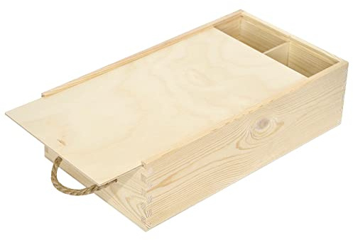 Creative Deco Weinkiste Holzkiste Wein-Box für 2 Flasche mit Schiebedeckel | Tragekordel | 35 x 21 x 11 cm | aus Kiefern-Holz | für Lagerung, Ostern, Dekoration, Geschenkkiste