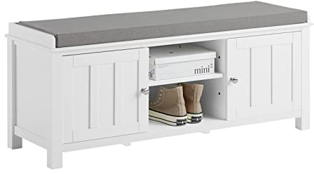 SoBuy Panca scarpiera con 2 armadietti 105x35x43cm per ingresso | Scarpiera contenitore in legno con cuscino 4cm, 2 armadietti e ripiani, MDF, portata 150kg, bianco FSR35-W