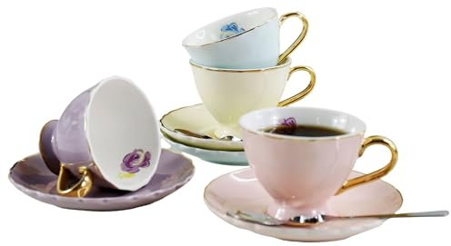 YBK Tech Euro Style Coffee Bar Espresso Cup and Saucer, Set of 4 Porcelain Tea Coffee Cup for Home Kitchen Tea Party (4 Assorted Color/Set) (90ml)