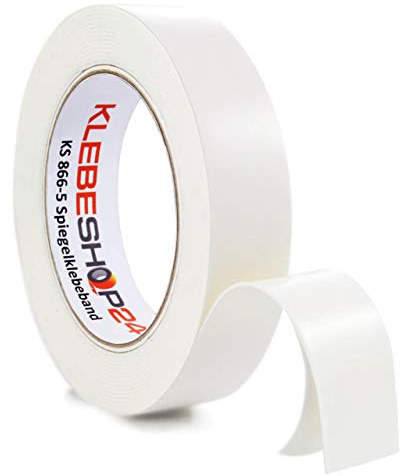 KLEBESHOP24 SPIEGELKLEBEBAND DOPPELSEITIG stark klebend | 1 mm Dicke, 5 oder 50 m, Breite wählbar | Universelles Montageband | Klebeband für raue Untergründe | Schaumklebeband / 25 mm x 5 m