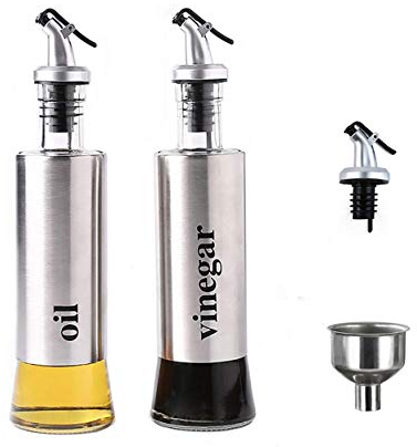MHtech Bottiglia di Olio - Olio e Aceto Dispenser Acciaio Inossidabile, Prova della Polvere EA Prova di Perdite con Beccuccio Oliera Bottiglia, Utensile da Cucina (300ml+2 Pezzi) (Bianco Argento)