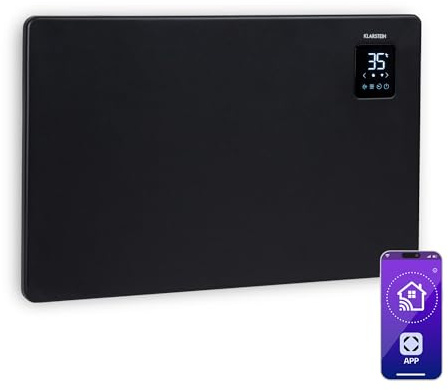 KLARSTEIN Bansin Smart - Calefactor-convector eléctrico, Termostato Entre 5 y 50 °C, Pantalla LED, Pantalla táctil, Programable, Control por App, Potencia 1500 W, hasta 30 m², 68 x 44 x 11 cm, Negro