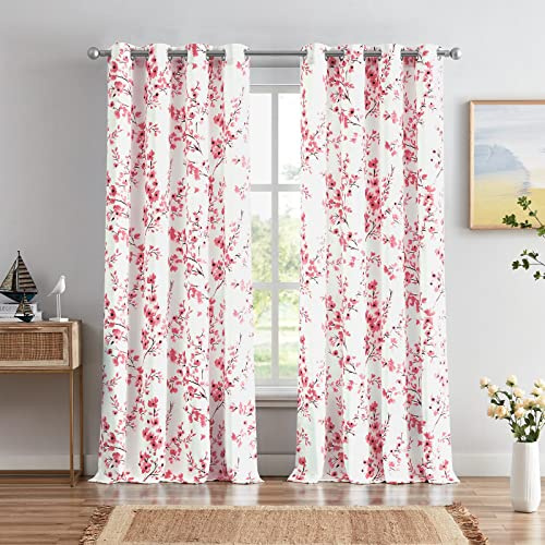 Melodieux Floral Curtains 96 Inches Long for Living Room, Farmhouse Pink Apricot Flower Print White Decorative Grommet Drapes, 52x96 Inch, 2 Panels