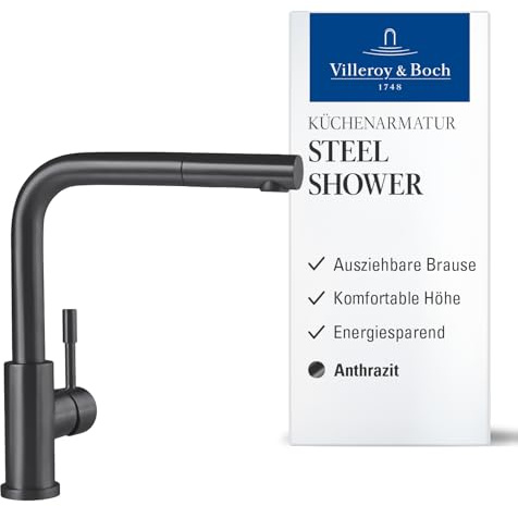 Villeroy & Boch Steel Shower, grifo de cocina de alta presión con rociador extraíble y caño giratorio de 360°, ColdStart de bajo consumo, altura 270 mm, Anthracite
