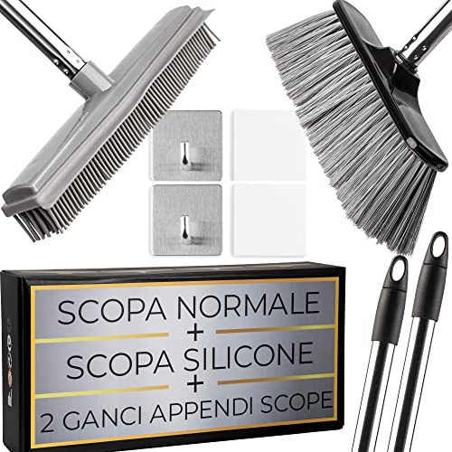 Selezione100 Kit Scopa in Silicone per Interni & Lavapavimenti Con 2 Manico & 2 Appendi Scope - per Esterni & Interni per Scopone Pavimenti