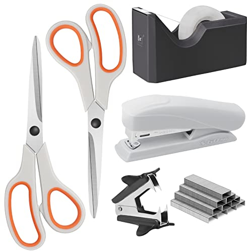 Asdirne Set de bureau, set de papeterie, comprenant 2 ciseaux, 1 agrafeuse, 1000 agrafes 26/6, 1 arrache-agrafes, 1 cutter et un ruban adhésif transparent, parfait compagnon de bureau