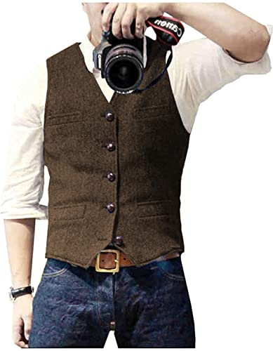 Solovedress Gilet Homme Costume Classique Col V Tweed La laine pour le Mariage Entreprises(Café, L)