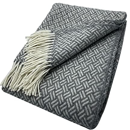 Alpenwolle Wolldecke 140x200cm Neuseeland 100% Wolle aus Neuseeland, Überwurf Plaid mit Fransen (Grau)
