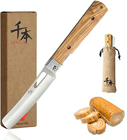 SENBON 440A couteau à pain Style japonais pliant de poche en acier inoxydable poignée d'olive naturelle Camping voyage couteau Portable en plein air