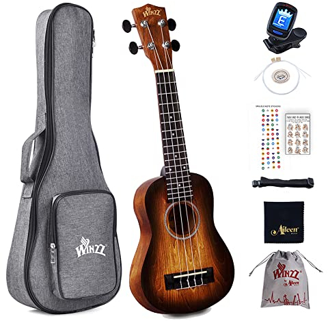 Winzz 21 Sopran Ukulele Anfänger Set Kinderm Erwachsene, Einzigartiges Farbdesign, mit Tasche, Stimmgerät, Zusätzlichen Saiten, Gurt, Noten-Aufkleber, Poliertuch-Braun