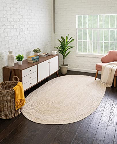Teppich, Jute, Weiß, handgeflochten, ovale Form, wendbar, Wohnzimmer, Bauernhaus-Teppich, dekorativer Teppich, Flickenteppich (90 x 240 cm)