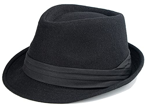 HilyBony Herren Klassischer Derby-Fedora-Hut Manhattan Strukturierter Gangster Trilby kubanische kurze Krempe Vintage Panama-Jazz-Hüte, Schwarz , 58
