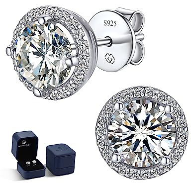 MomentWish Moissanite Earrings Halo, 2 Carat Moissanite Diamond Studs Hypoallergenic Sterling Silver Stud Earrings Sparkly Wedding Earrings for Bride Ladies 6.5mm