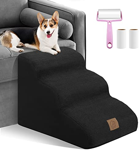 3-stufige Hundetreppe für Sofa und Bett, rutschfeste Schaumstoff-Hunderampe für kleine verletzte Hunde und Katzen, Haustierleiter mit abnehmbarem waschbarem Bezug, Send Lint Sticky Roller Set, Schwarz