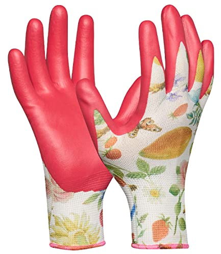 Gebol Gardeluxe „bee-friendly“ Flower&Fruit, Gartenhandschuhe Damen im Bienen-Design, Limited Edition Arbeitshandschuhe mit sehr weicher Beschichtung & angenehmer Passform, 1x Gr. M (Gr.8), Rosa/Bunt