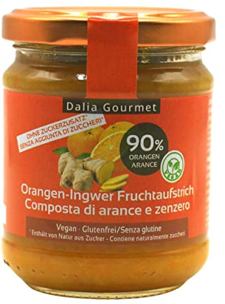 Dalia Gourmet - Composta con 85% di Frutta 1x220g | Senza aggiunta di zuccheri con ERITRITOLO - STEVIA | Prodotto artigianale italiano | Senza Glutine (Arancio - Zenzero)