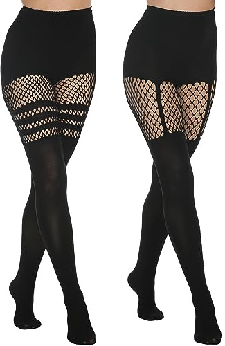MANZI Overknee Strumpfhose Damen Schwarz Blickdichte Muster Gothic Kleidung | Gothic Strumpfhosen Damen,Overknees Strümpfe für Techno Outfit Damen,Festival Rock,2 Paar