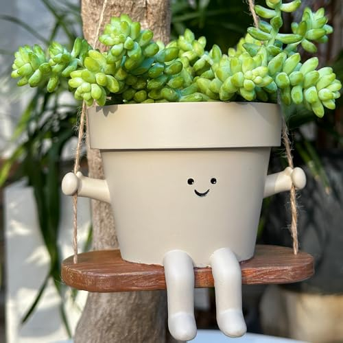 Hanging Planter Swing Face Plant Pot - Cute Resin Head Planters with Drainage Hole Indoor Outdoor Plant Holder, Succulent/String of Pearls Flower Pots, Unique Sitting Sway Pots, Gift Ideas for Mother