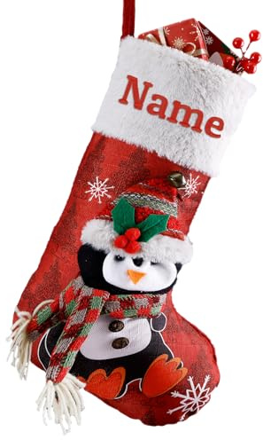 iDIY Personalisierte Nikolausstrumpf mit Namen Kinder - Individueller Name, Baumwolle & Leinen, Weihnachtsstrumpf Personalisiert - 3D Pinguin