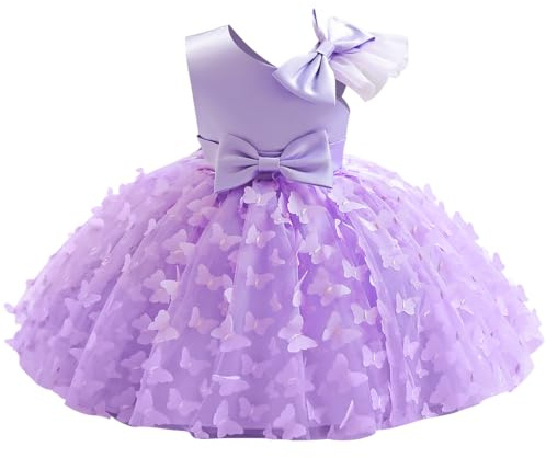 IMEKIS Vestito da bambina per compleanno, per battesimo, senza maniche, con farfalla, tutù per matrimonio, elegante, formale, da ballo, Lilla, 3-4 Anni